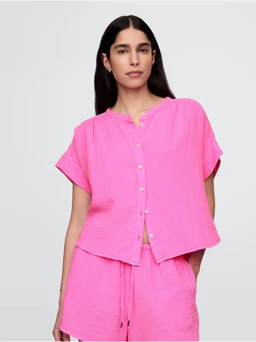 GAP Cotton Gauze Dolman Shirt Bright Pink Button-Front Short Sleeve M New
